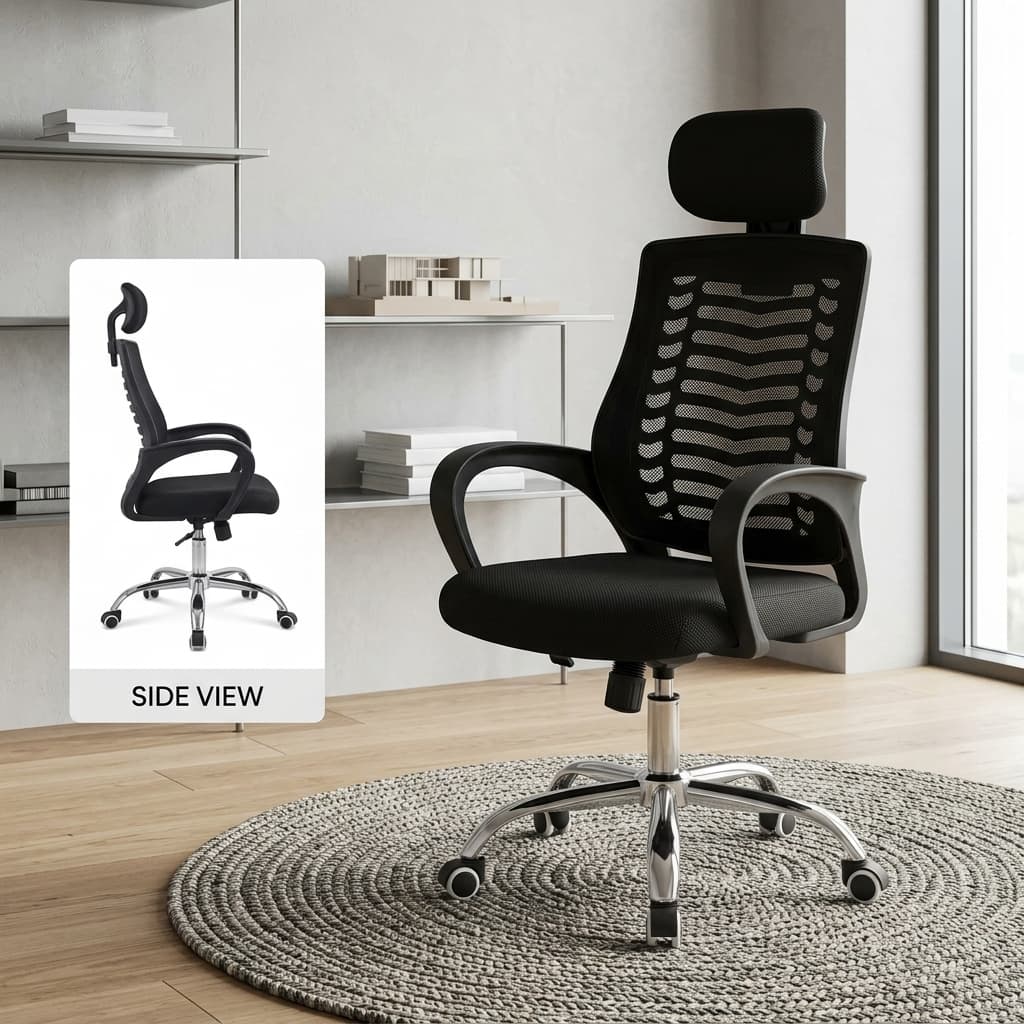Adjustable Headrest Swivel Seat Office Chair In Black Mesh Showcasing A High-Back Ergonomic Structure, Skeletal Lumbar Tracking, And A Polished Chrome Five-Star Base.