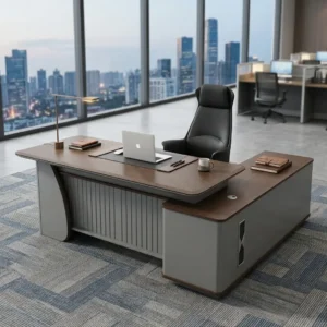 L-Shaped 2M Office Desk featuring a premium chevron-grain wood desktop finish and an integrated matte gray executive side return cabinet.