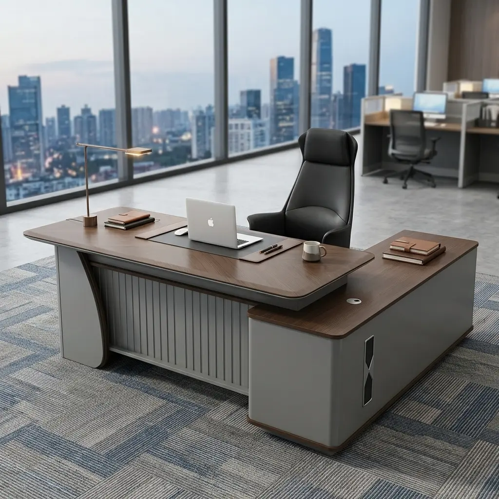 L-Shaped 2M Office Desk Featuring A Premium Chevron-Grain Wood Desktop Finish And An Integrated Matte Gray Executive Side Return Cabinet.