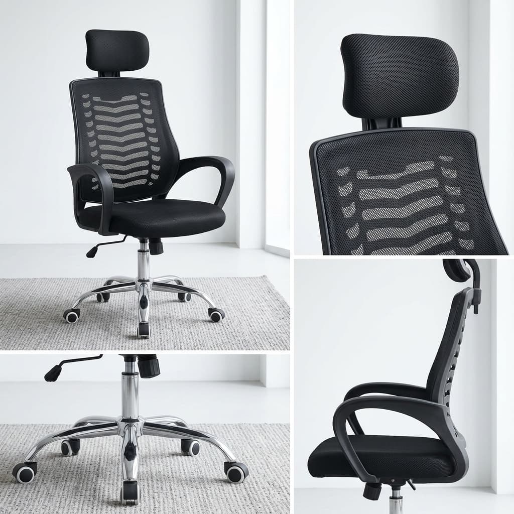 Adjustable Headrest Swivel Seat Office Chair In Black Mesh Showcasing A High-Back Ergonomic Structure, Skeletal Lumbar Tracking, And A Polished Chrome Five-Star Base.