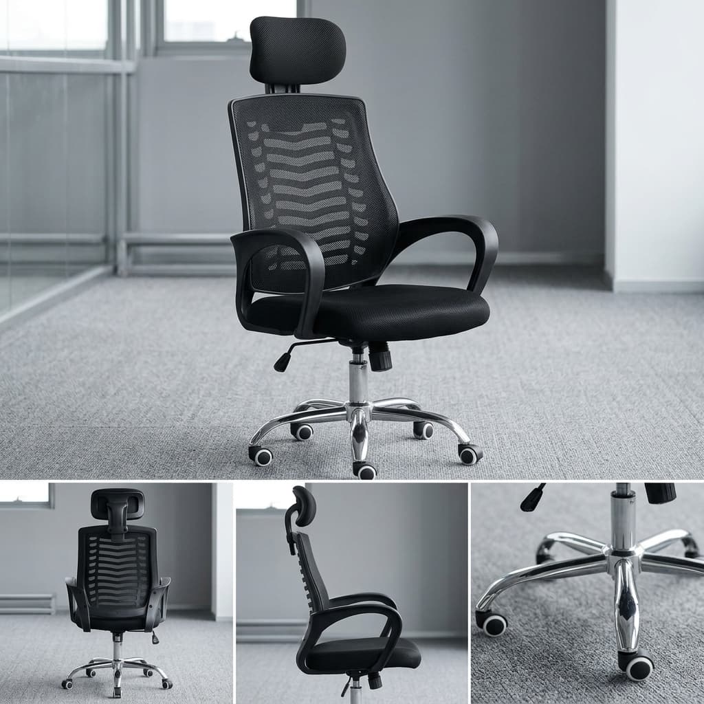 Adjustable Headrest Swivel Seat Office Chair In Black Mesh Showcasing A High-Back Ergonomic Structure, Skeletal Lumbar Tracking, And A Polished Chrome Five-Star Base.