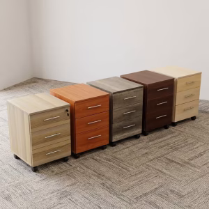 Wooden 3-Drawer Storage Cabinet lineup showcasing five distinct wood laminate finish options equipped with metallic pull handles and rolling mobile casters.