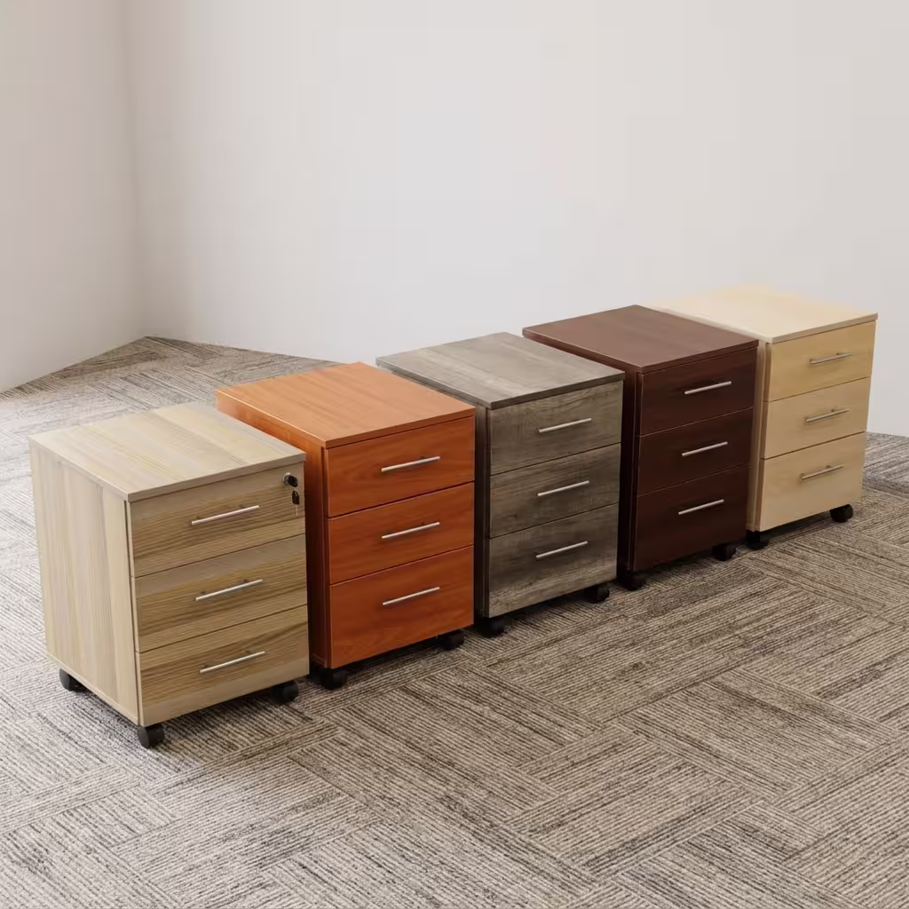 Wooden 3-Drawer Storage Cabinet Lineup Showcasing Five Distinct Wood Laminate Finish Options Equipped With Metallic Pull Handles And Rolling Mobile Casters.