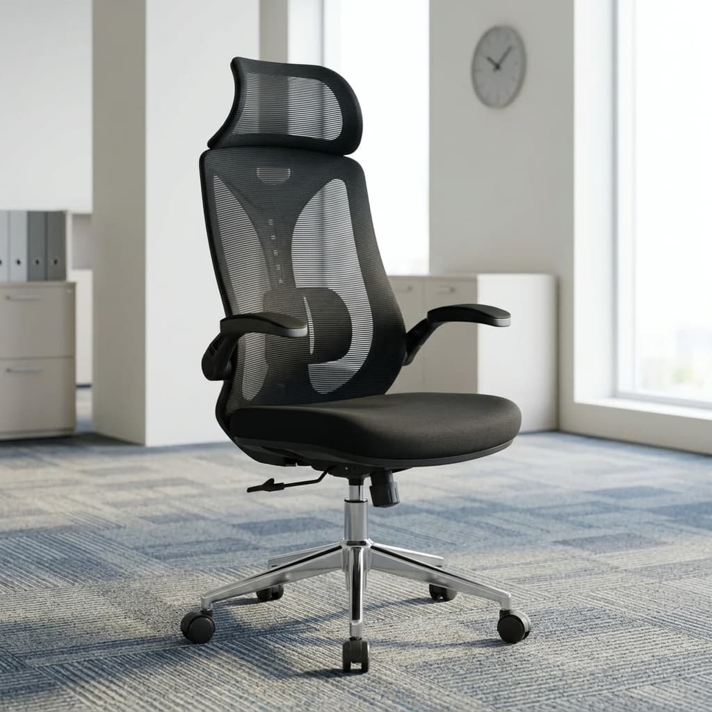 An Ergonomic Chair Flip Armrests Featuring A High-Back Black Mesh Design, Integrated Headrest, Adjustable Lumbar Support Mechanism, Retractable Flip-Up Armrests, Cushioned Fabric Seat, And A Polished Chrome Five-Star Swivel Base With Casters.