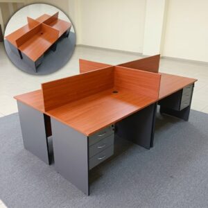 Efficient Team Desk Cluster featuring a 4-way cherry wood laminate office workstation layout with gray privacy dividers and integrated locking drawer storage units.