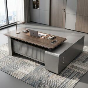 An L-shaped 2m Fluted Panel Desk featuring a floating walnut wood desktop, a textured gray fluted modesty panel, and an integrated side return cabinet.