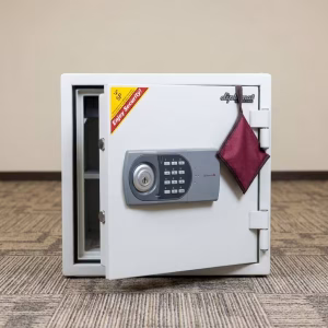 An open Compact Home Security Safe featuring an off-white steel exterior and an integrated grey electronic numeric keypad control panel.