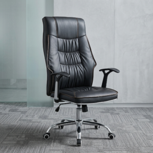 A high-back Black Leather Computer Chair featuring an elegantly ruched center back panel, contrasting trim stitching, and a polished chrome five-star wheeled base.