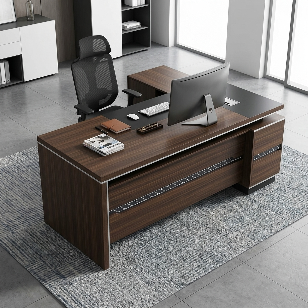 An L-Shaped 1.8M Modern Executive L-Desk Featuring A Floating Walnut Wood Desktop, A Textured Gray Fluted Modesty Panel, And An Integrated Side Storage Return.