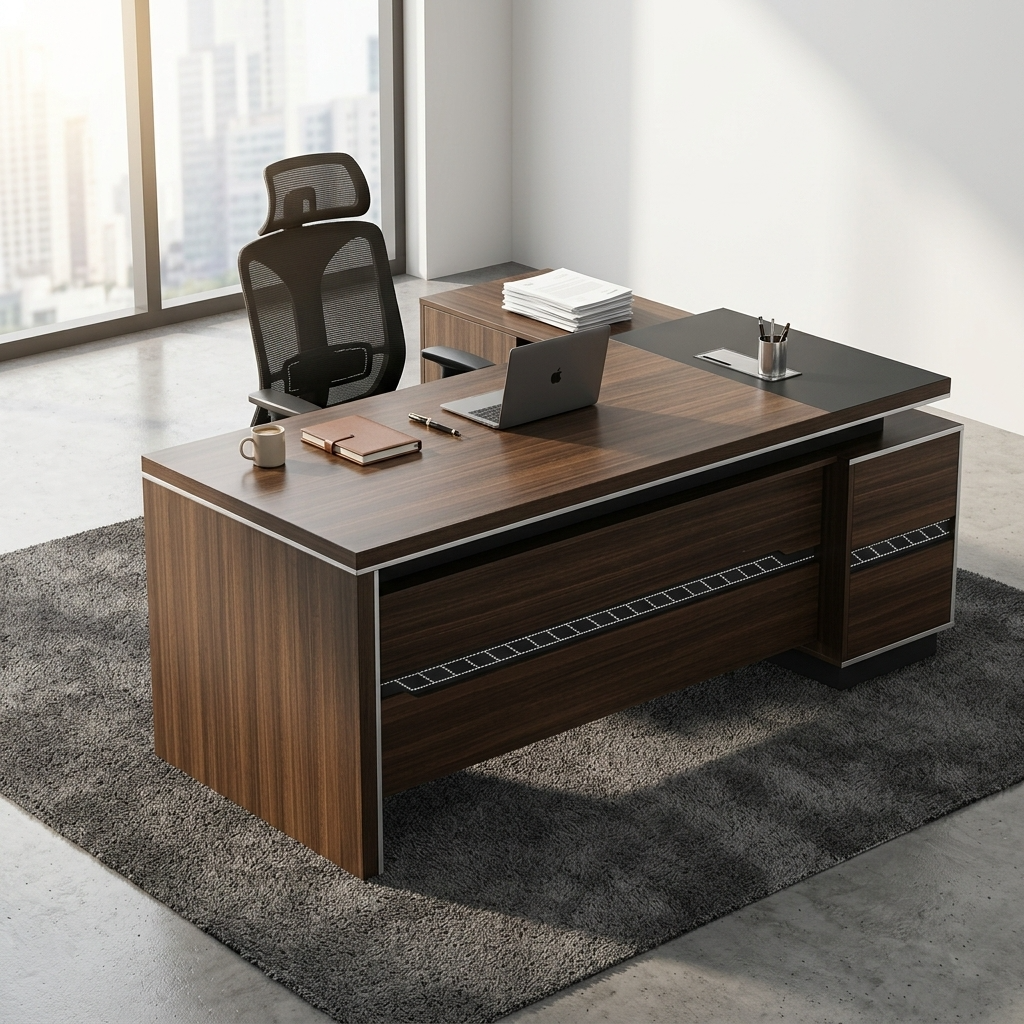 An L-Shaped 1.8M Modern Executive L-Desk Featuring A Floating Walnut Wood Desktop, A Textured Gray Fluted Modesty Panel, And An Integrated Side Storage Return.