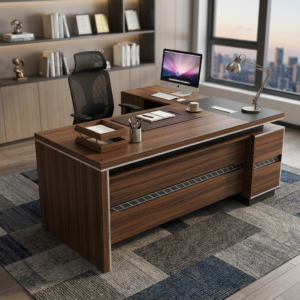 An L-shaped 1.8M Modern Executive L-Desk featuring a floating walnut wood desktop, a textured gray fluted modesty panel, and an integrated side storage return.