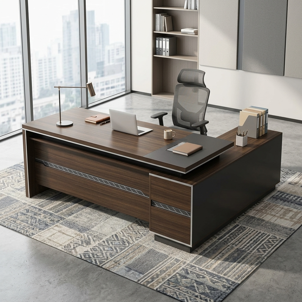 An L-Shaped 1.8M Modern Executive L-Desk Featuring A Floating Walnut Wood Desktop, A Textured Gray Fluted Modesty Panel, And An Integrated Side Storage Return.