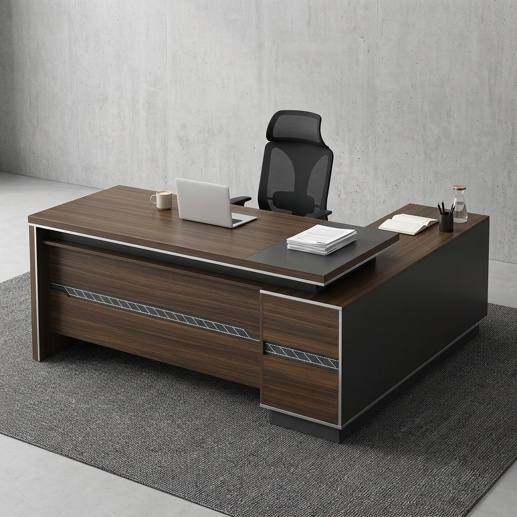 An L-Shaped 1.8M Modern Executive L-Desk Featuring A Floating Walnut Wood Desktop, A Textured Gray Fluted Modesty Panel, And An Integrated Side Storage Return.