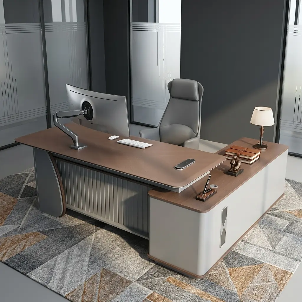 L-Shaped 2M Office Desk Featuring A Premium Chevron-Grain Wood Desktop Finish And An Integrated Matte Gray Executive Side Return Cabinet.