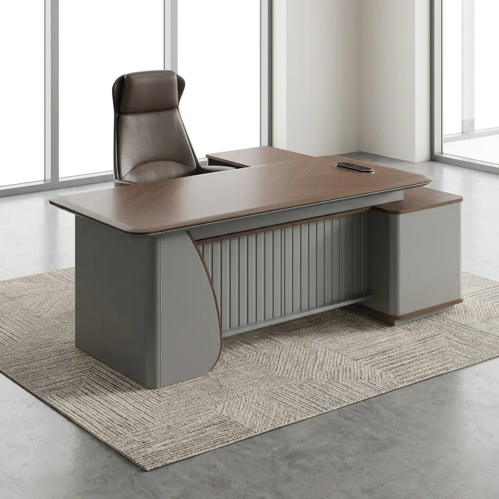 L-Shaped 2M Office Desk Featuring A Premium Chevron-Grain Wood Desktop Finish And An Integrated Matte Gray Executive Side Return Cabinet.