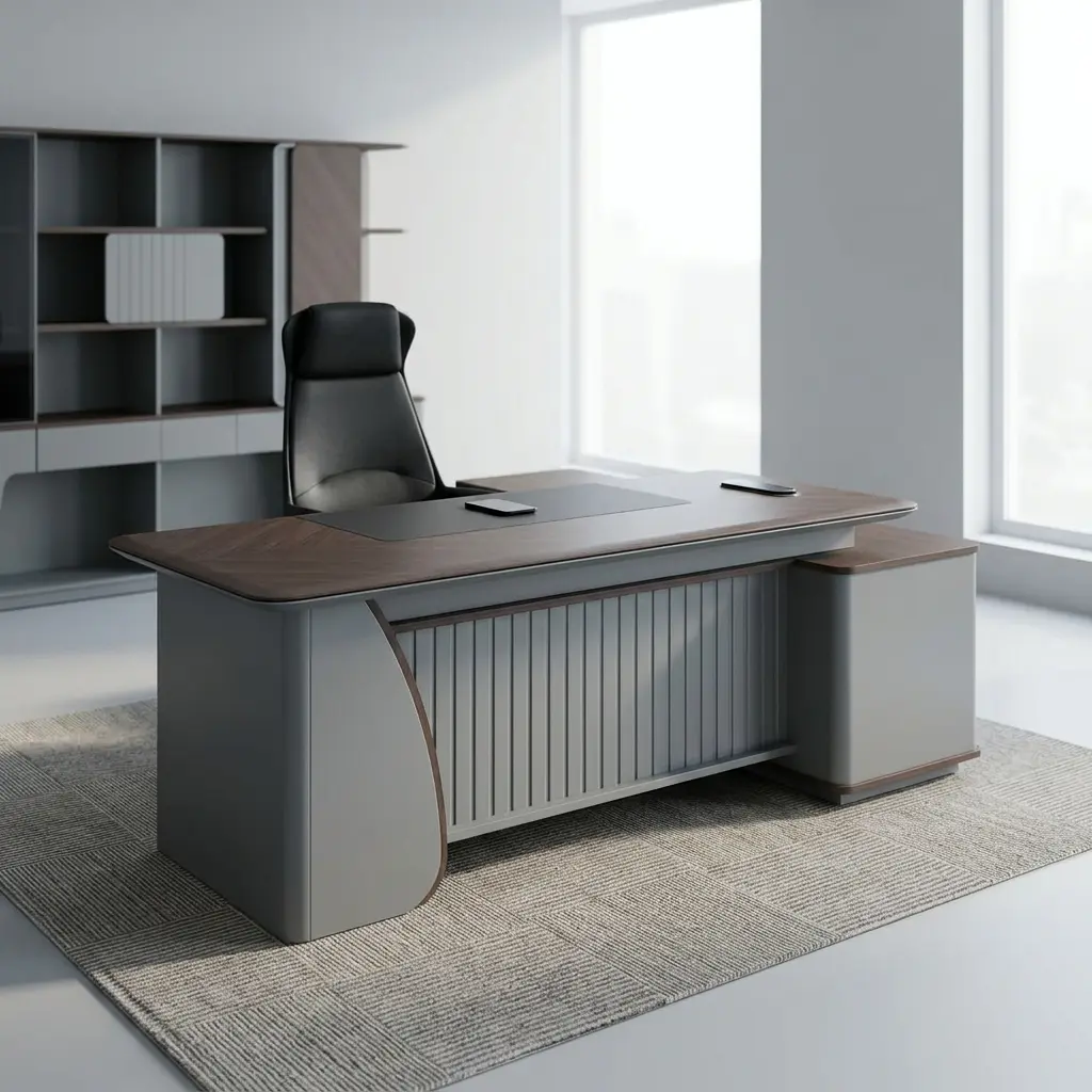L-Shaped 2M Office Desk Featuring A Premium Chevron-Grain Wood Desktop Finish And An Integrated Matte Gray Executive Side Return Cabinet.