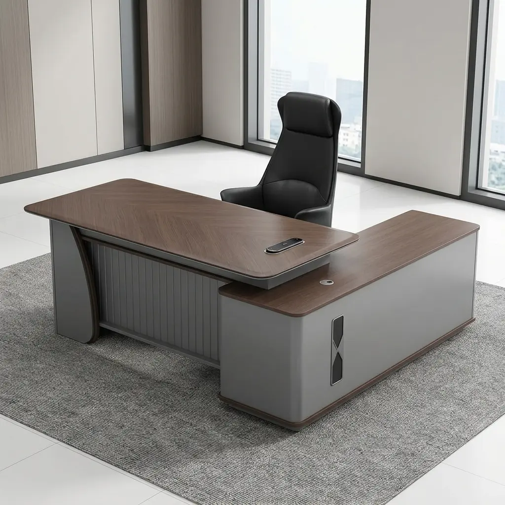 L-Shaped 2M Office Desk Featuring A Premium Chevron-Grain Wood Desktop Finish And An Integrated Matte Gray Executive Side Return Cabinet.
