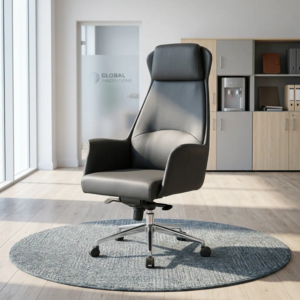 High-Back Black Executive Seat Featuring Matte Black Leather Upholstery And A Polished Five-Star Chrome Base With Dual-Wheel Casters.