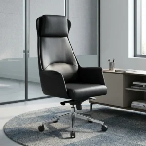 High-Back Black Executive Seat featuring matte black leather upholstery and a polished five-star chrome base with dual-wheel casters.