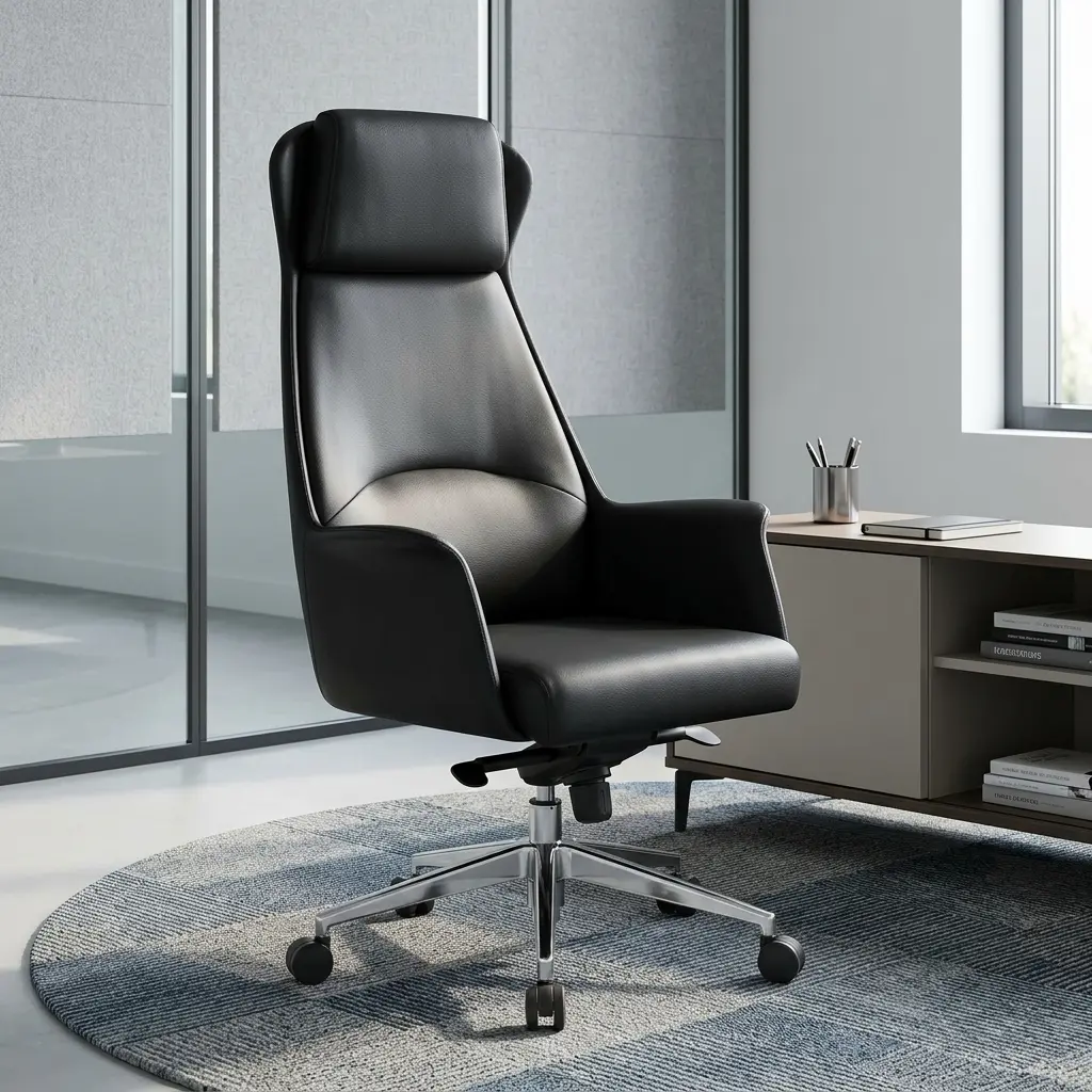 High-Back Black Executive Seat Featuring Matte Black Leather Upholstery And A Polished Five-Star Chrome Base With Dual-Wheel Casters.