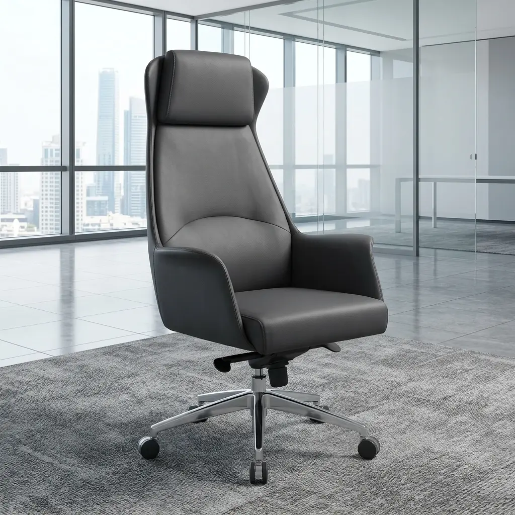 High-Back Black Executive Seat Featuring Matte Black Leather Upholstery And A Polished Five-Star Chrome Base With Dual-Wheel Casters.