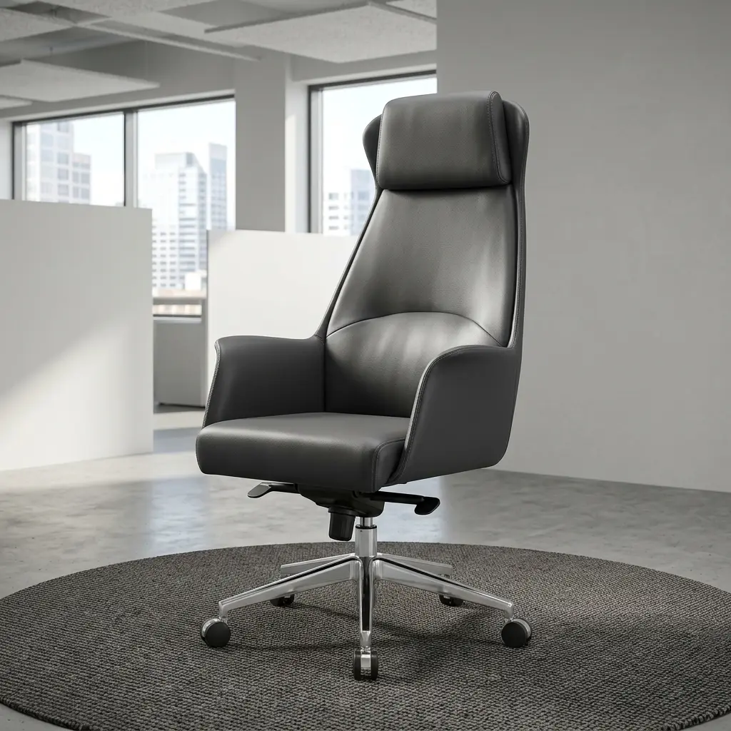 High-Back Black Executive Seat Featuring Matte Black Leather Upholstery And A Polished Five-Star Chrome Base With Dual-Wheel Casters.