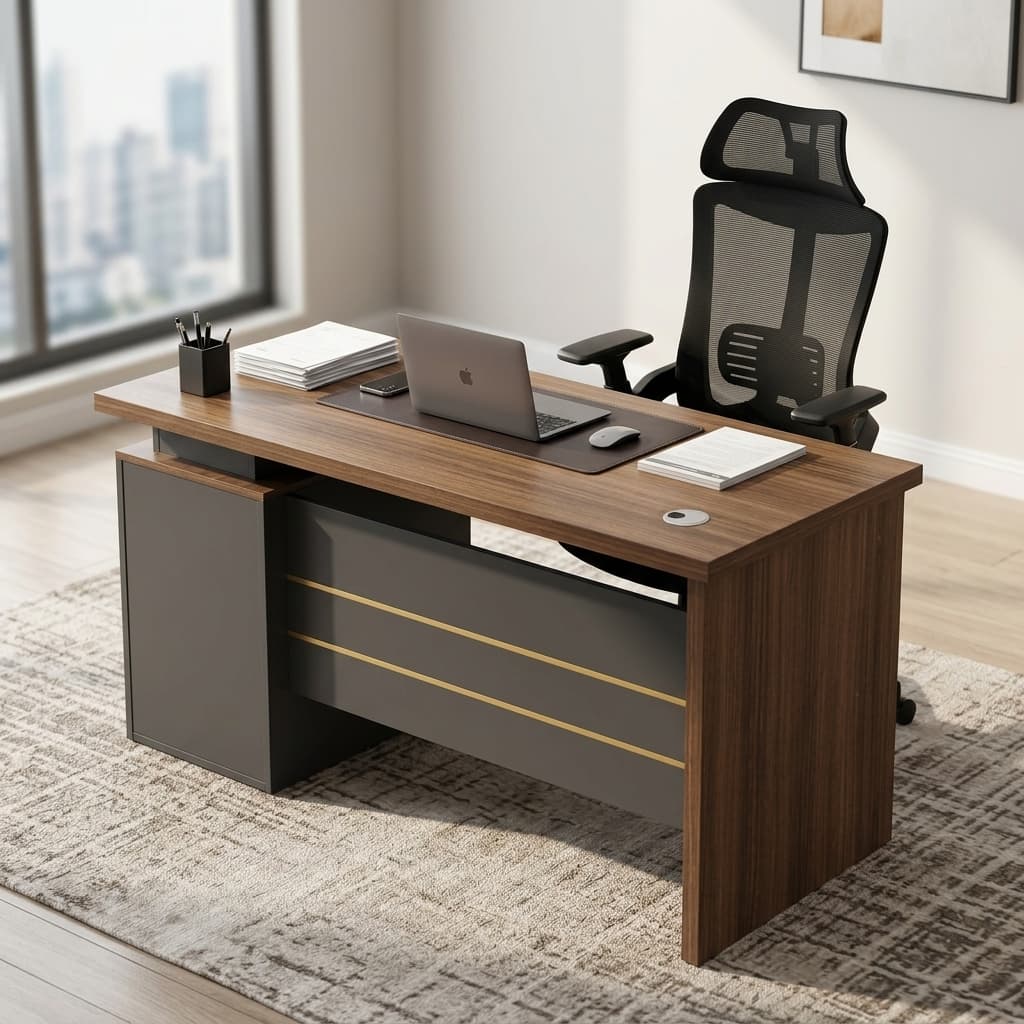 1.2M Office Desk Chair Set Featuring A Walnut-Top Floating Desk With A Gray Gold-Accented Storage Cabinet And A High-Back Black Mesh Rolling Chair.