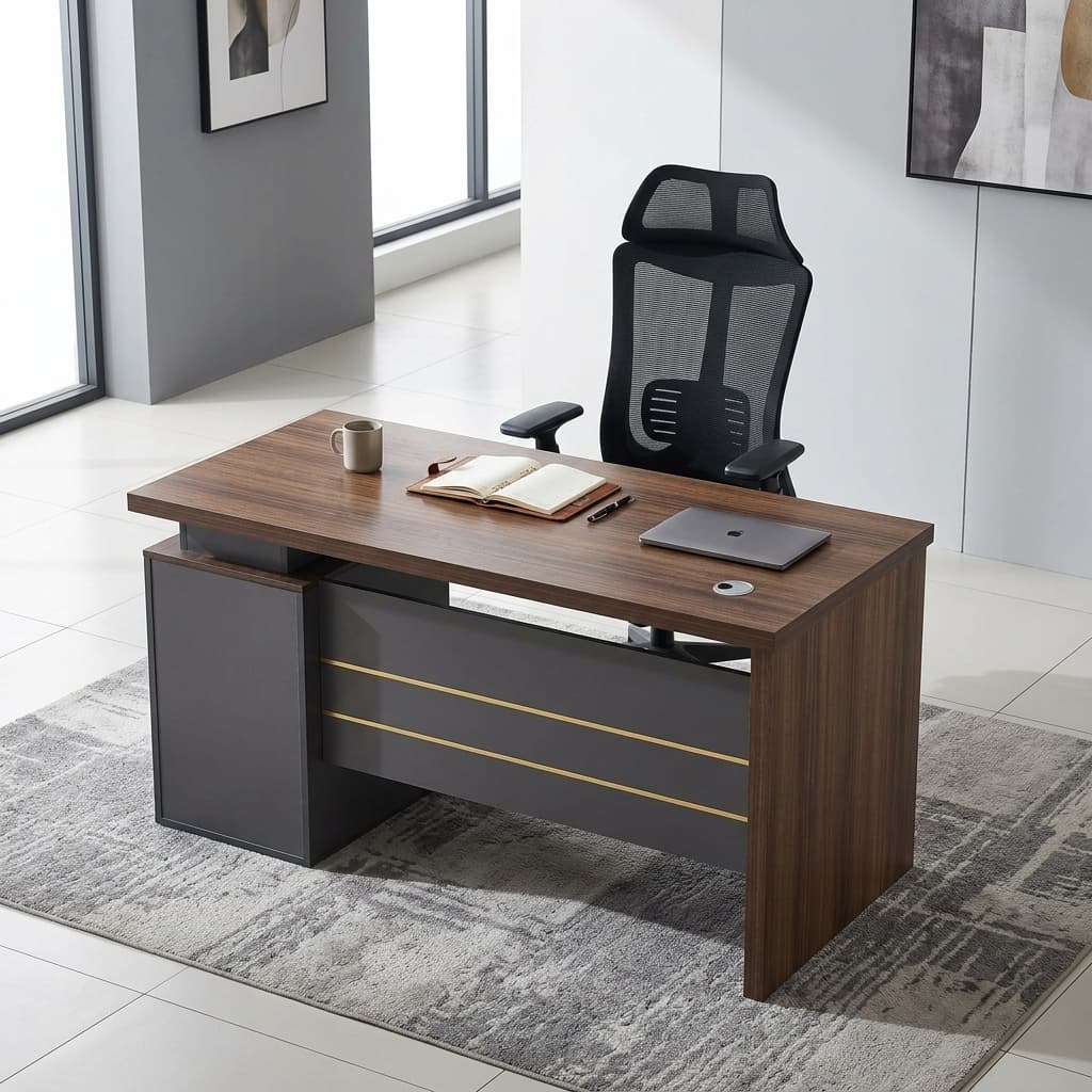1.2M Office Desk Chair Set Featuring A Walnut-Top Floating Desk With A Gray Gold-Accented Storage Cabinet And A High-Back Black Mesh Rolling Chair.