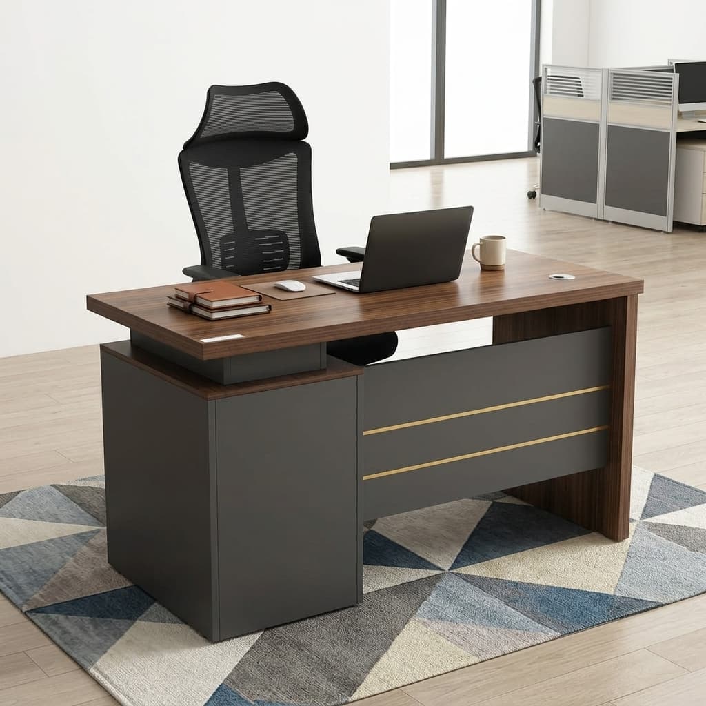 1.2M Office Desk Chair Set Featuring A Walnut-Top Floating Desk With A Gray Gold-Accented Storage Cabinet And A High-Back Black Mesh Rolling Chair.
