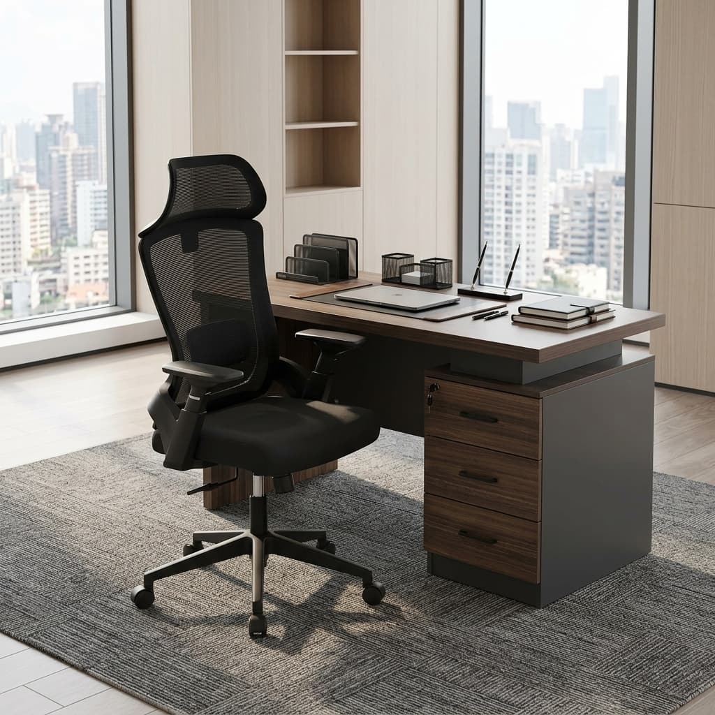 1.2M Office Desk Chair Set Featuring A Walnut-Top Floating Desk With A Gray Gold-Accented Storage Cabinet And A High-Back Black Mesh Rolling Chair.