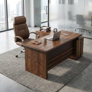 Modern Boss Office Set featuring a grand L-shaped walnut wood-grain executive desk with a brown leather modesty panel and a matching high-back brown leather rolling chair.