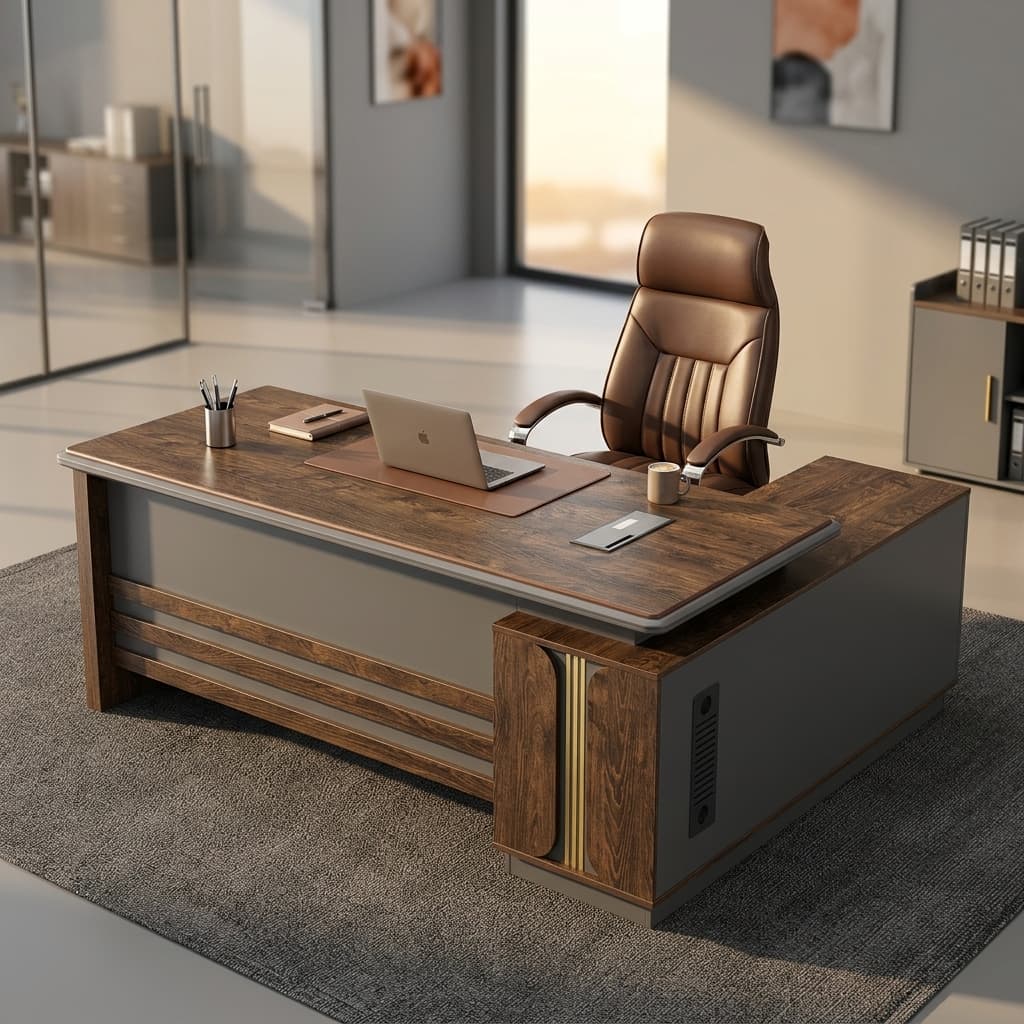 Modern Boss Office Set Featuring A Grand L-Shaped Walnut Wood-Grain Executive Desk With A Brown Leather Modesty Panel And A Matching High-Back Brown Leather Rolling Chair.
