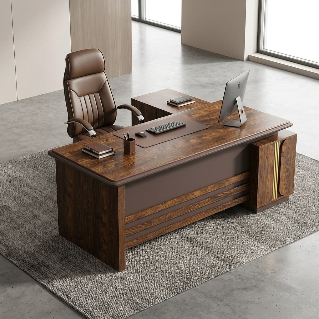 Modern Boss Office Set Featuring A Grand L-Shaped Walnut Wood-Grain Executive Desk With A Brown Leather Modesty Panel And A Matching High-Back Brown Leather Rolling Chair.