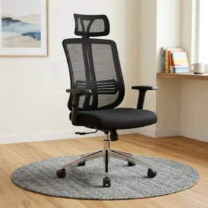 All-black Reclining Mesh Office Chair with an adjustable headrest, high-back mesh, height-adjustable armrests, a lumbar support pad, and a polished chrome wheeled base.