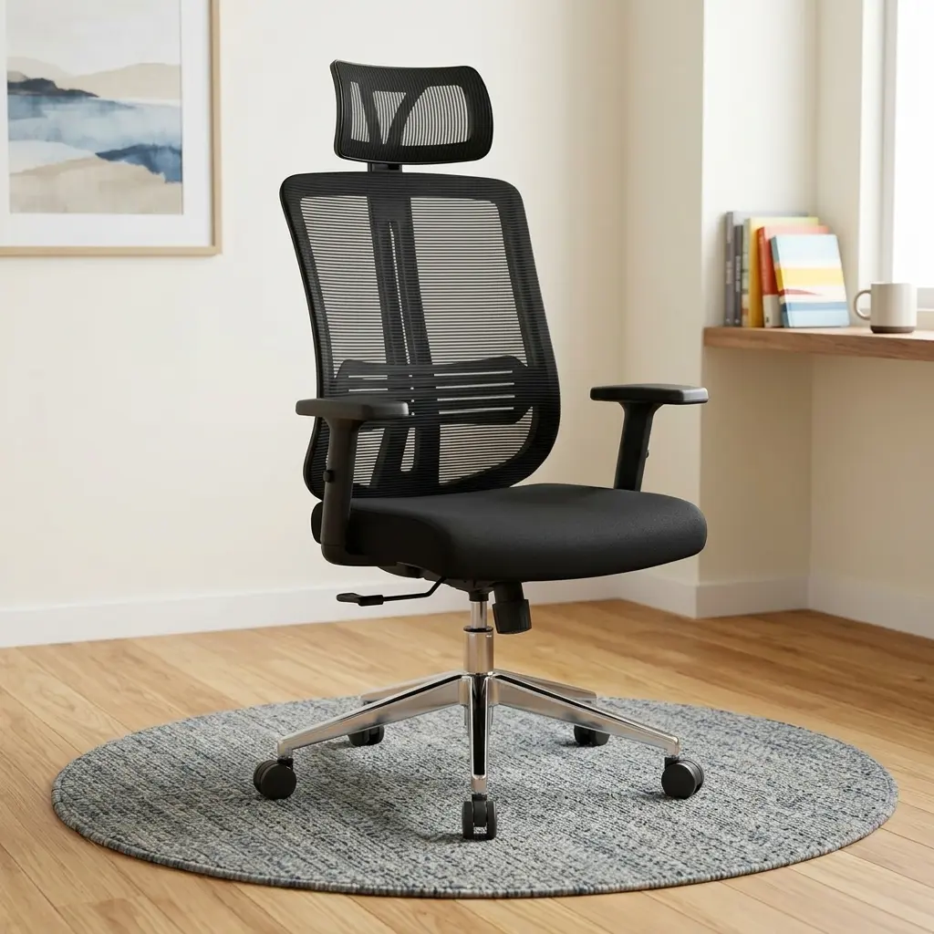 All-Black Reclining Mesh Office Chair With An Adjustable Headrest, High-Back Mesh, Height-Adjustable Armrests, A Lumbar Support Pad, And A Polished Chrome Wheeled Base.