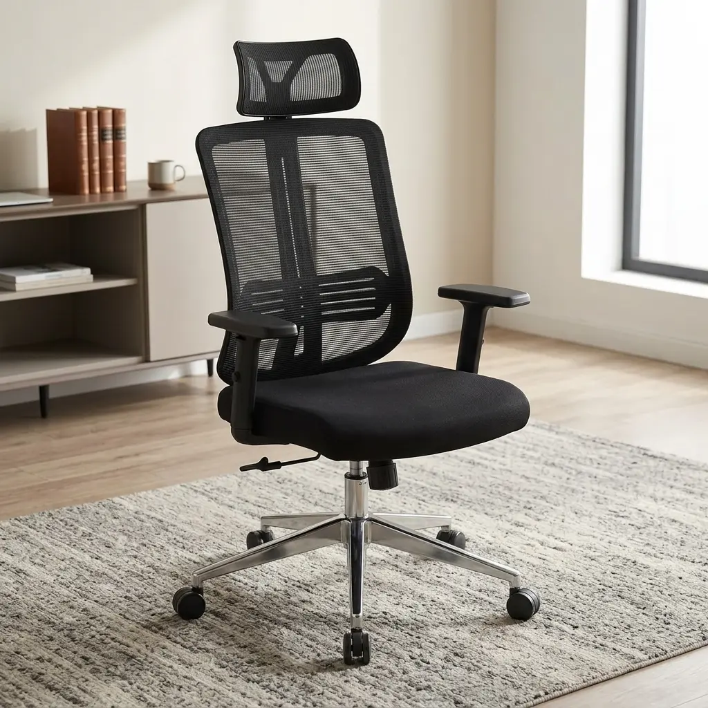 All-Black Reclining Mesh Office Chair With An Adjustable Headrest, High-Back Mesh, Height-Adjustable Armrests, A Lumbar Support Pad, And A Polished Chrome Wheeled Base.