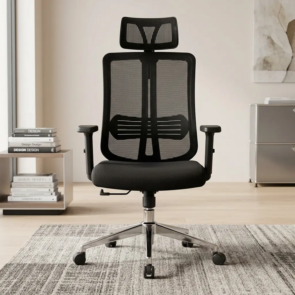 All-Black Reclining Mesh Office Chair With An Adjustable Headrest, High-Back Mesh, Height-Adjustable Armrests, A Lumbar Support Pad, And A Polished Chrome Wheeled Base.