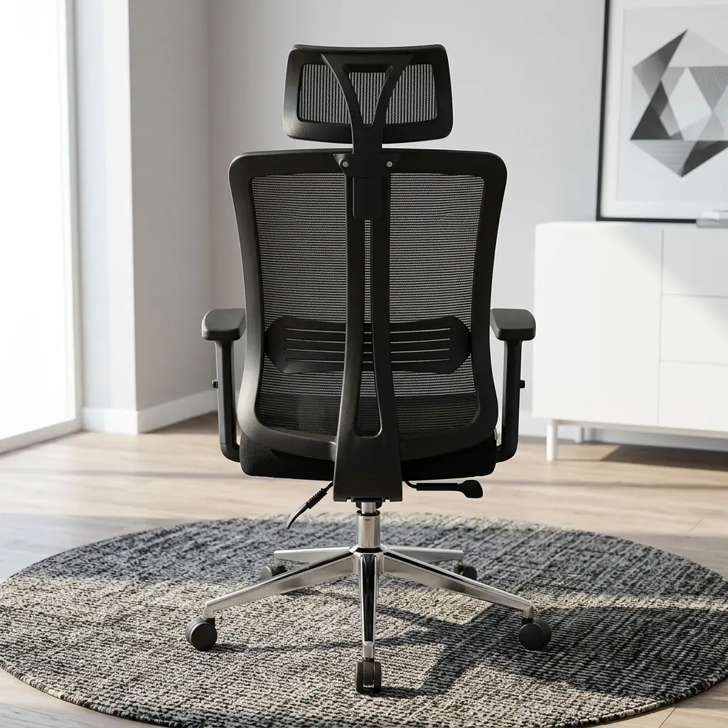 All-Black Reclining Mesh Office Chair With An Adjustable Headrest, High-Back Mesh, Height-Adjustable Armrests, A Lumbar Support Pad, And A Polished Chrome Wheeled Base.