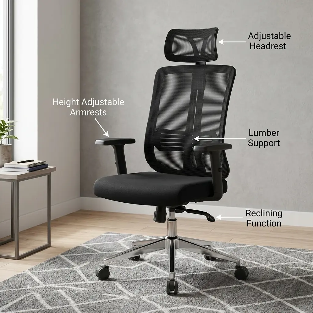 All-Black Reclining Mesh Office Chair With An Adjustable Headrest, High-Back Mesh, Height-Adjustable Armrests, A Lumbar Support Pad, And A Polished Chrome Wheeled Base.