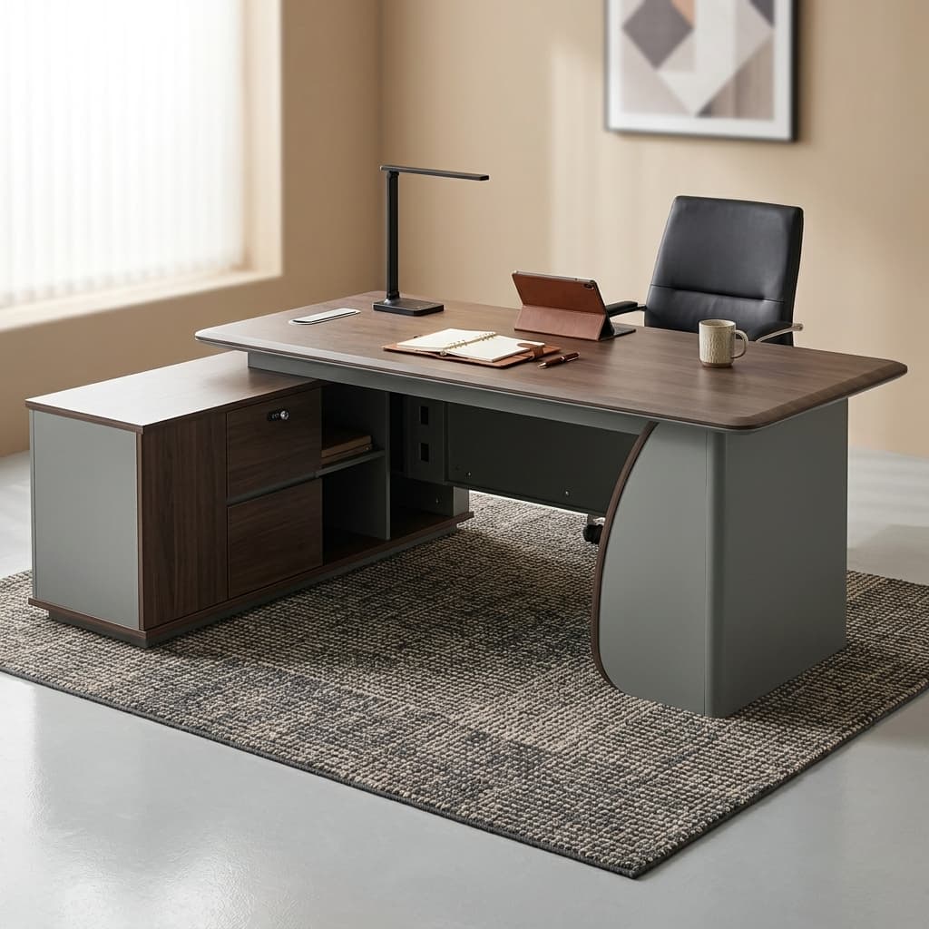 2.2M Office Workstation Desk Featuring A Chevron-Patterned Walnut Woodgrain Top, Silver-Gray Fluted Front Modesty Panel, And An Integrated Side Return Cabinet.