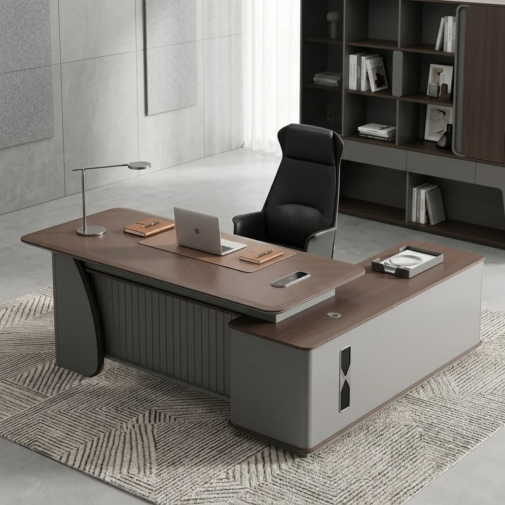 2.2M Office Workstation Desk Featuring A Chevron-Patterned Walnut Woodgrain Top, Silver-Gray Fluted Front Modesty Panel, And An Integrated Side Return Cabinet.