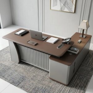 2.2m Office Workstation Desk featuring a chevron-patterned walnut woodgrain top, silver-gray fluted front modesty panel, and an integrated side return cabinet.
