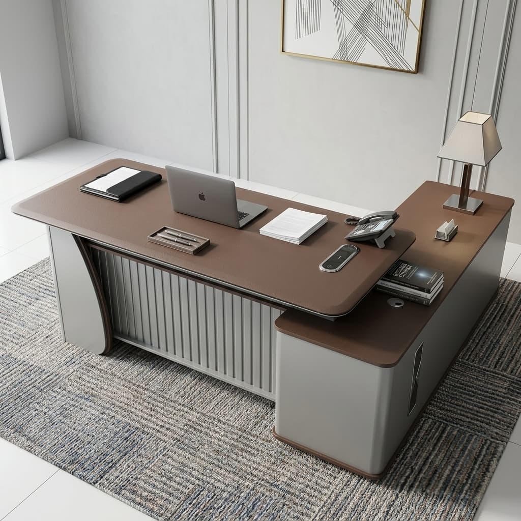 2.2M Office Workstation Desk Featuring A Chevron-Patterned Walnut Woodgrain Top, Silver-Gray Fluted Front Modesty Panel, And An Integrated Side Return Cabinet.
