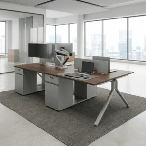 Four-person 4-Way Cluster Office Workstation featuring a rectangular walnut wood desktop, integrated gray privacy divider screens, built-in lockable under-desk pedestals, and metallic A-frame end legs.
