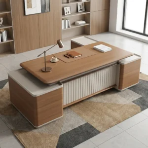 Luxury wood-grain Premium 2.4m Executive Office Desk with a floating top, leatherette writing pad, cream-colored fluted modesty panel, and rounded side cabinets.
