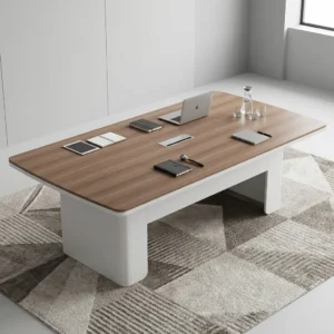Rectangular 2.4m Executive Meeting Room Table featuring a wood-grain top with rounded corners, a central aluminum connectivity box, and two thick white panel legs.
