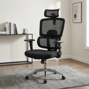 All-black Heavy Duty High-Back Mesh Chair featuring a Double Backrest system, a mesh headrest, height-adjustable armrests, and a polished metallic five-star wheeled base.