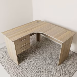 1.2m Wooden Study Desk in a light oak laminate finish featuring a curved L-shaped corner design, built-in 3-drawer pedestal, and a black cable grommet.