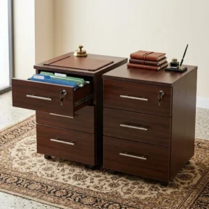 Deep brown walnut-finished Compact Walnut Storage Organizer featuring three stacked drawers with horizontal brushed silver bar handles and low-profile mobile wheel casters.