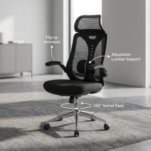 An Ergonomic Chair Flip Armrests featuring a high-back black mesh design, integrated headrest, adjustable lumbar support mechanism, retractable flip-up armrests, cushioned fabric seat, and a polished chrome five-star swivel base with casters.